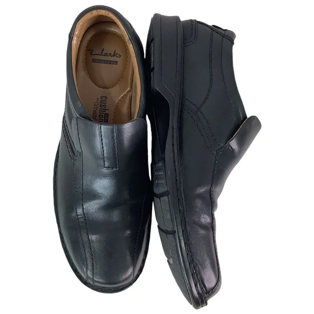 CLARKS COLLECTION Cushion Ortholite Black Leather Oxford Slip On Shoes Sz 11